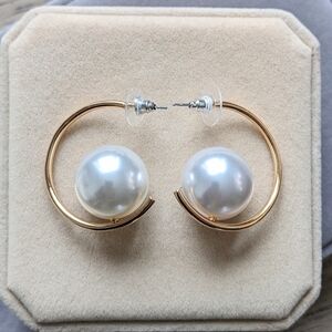 Gold and White Hoop Earrings with Pearl Accent
